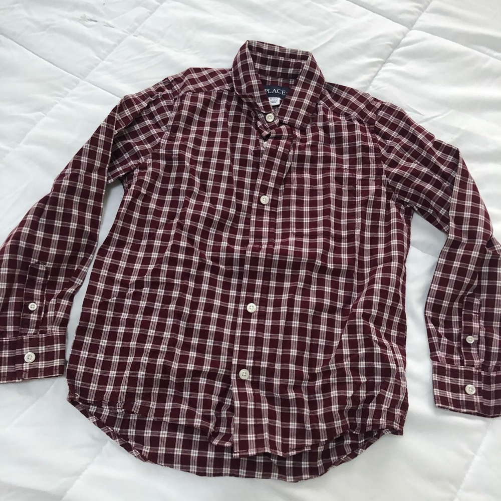 Boys 8 maroon white plaid long sleeve button down